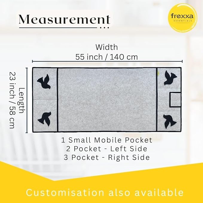 Measurement chart for a bag with frexxa branding, showing dimensions and pocket details.