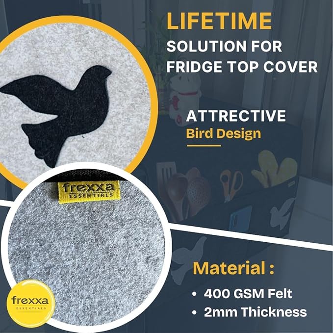 Advertisement for frexxa fridge top cover with bird design and material details.