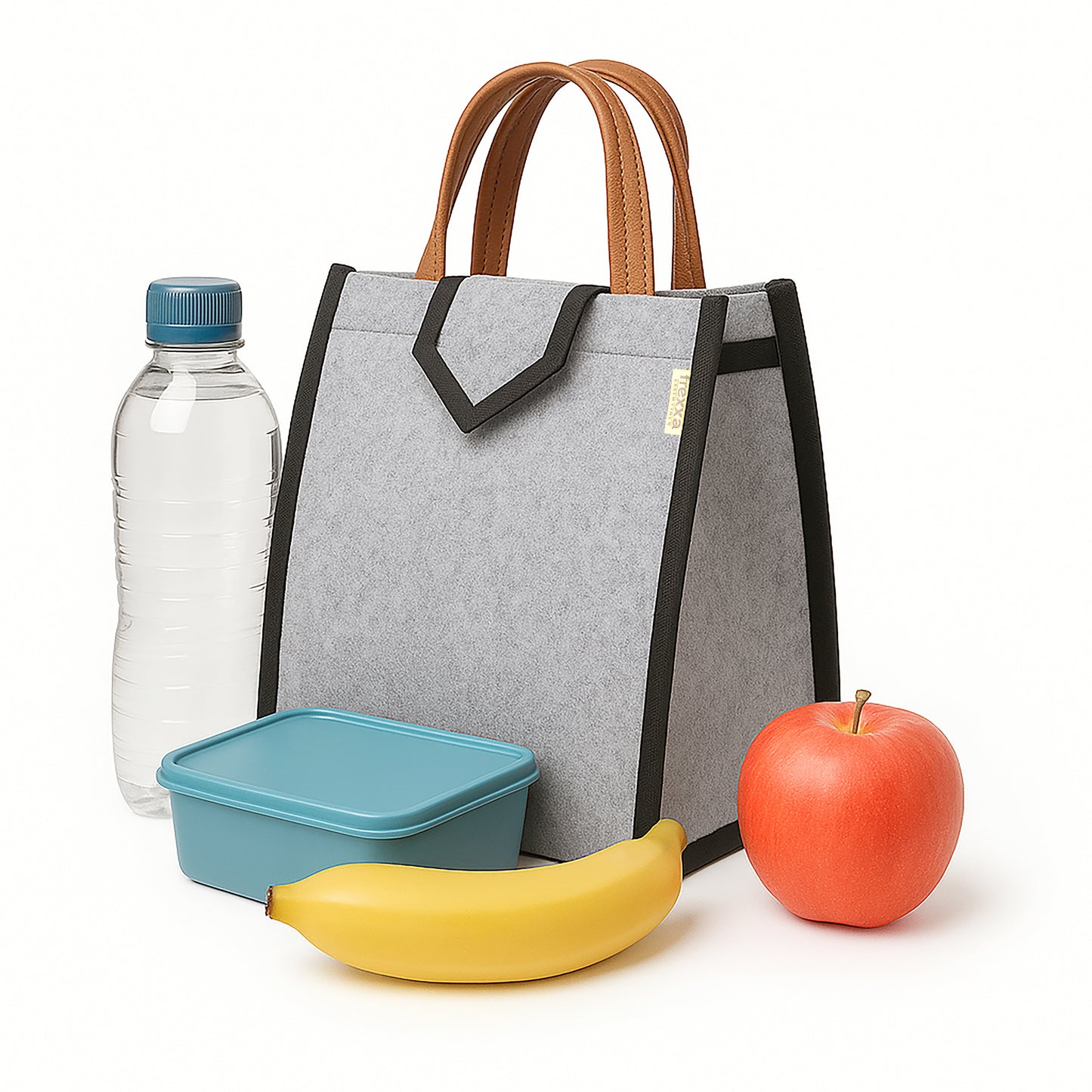 Gray lunch bag with brown handles, water bottle, blue container, banana, and red apple on a white background