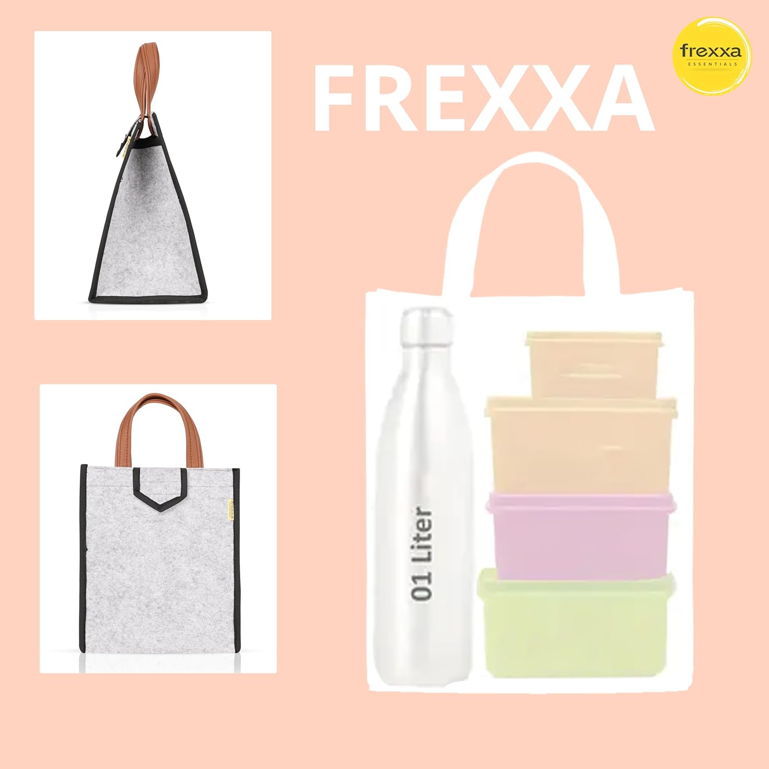 Collage of FREXXA products including a dustpan, bags, a water bottle, and containers on a pink background.