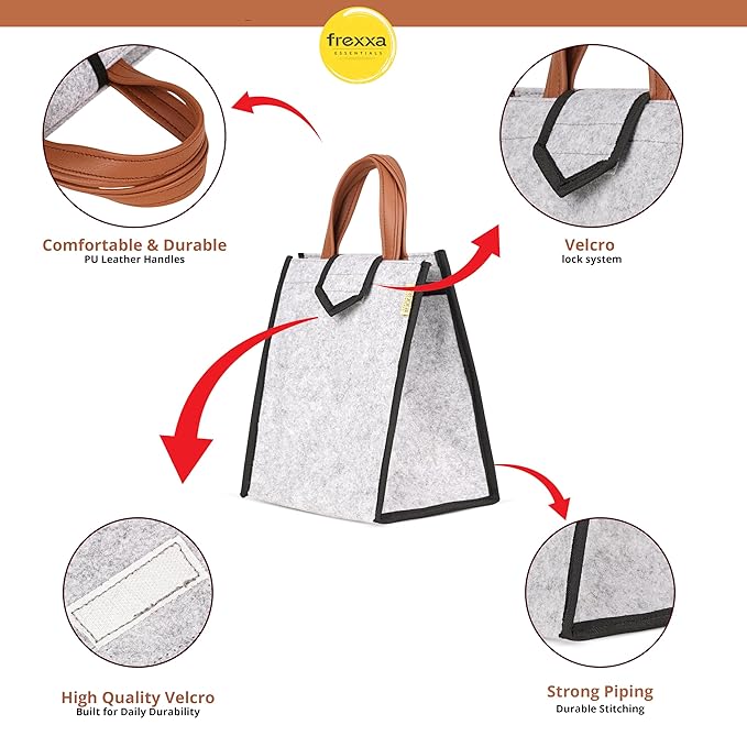Tote bag with features highlighted, including handles, lock system, quality materials, and strong piping.