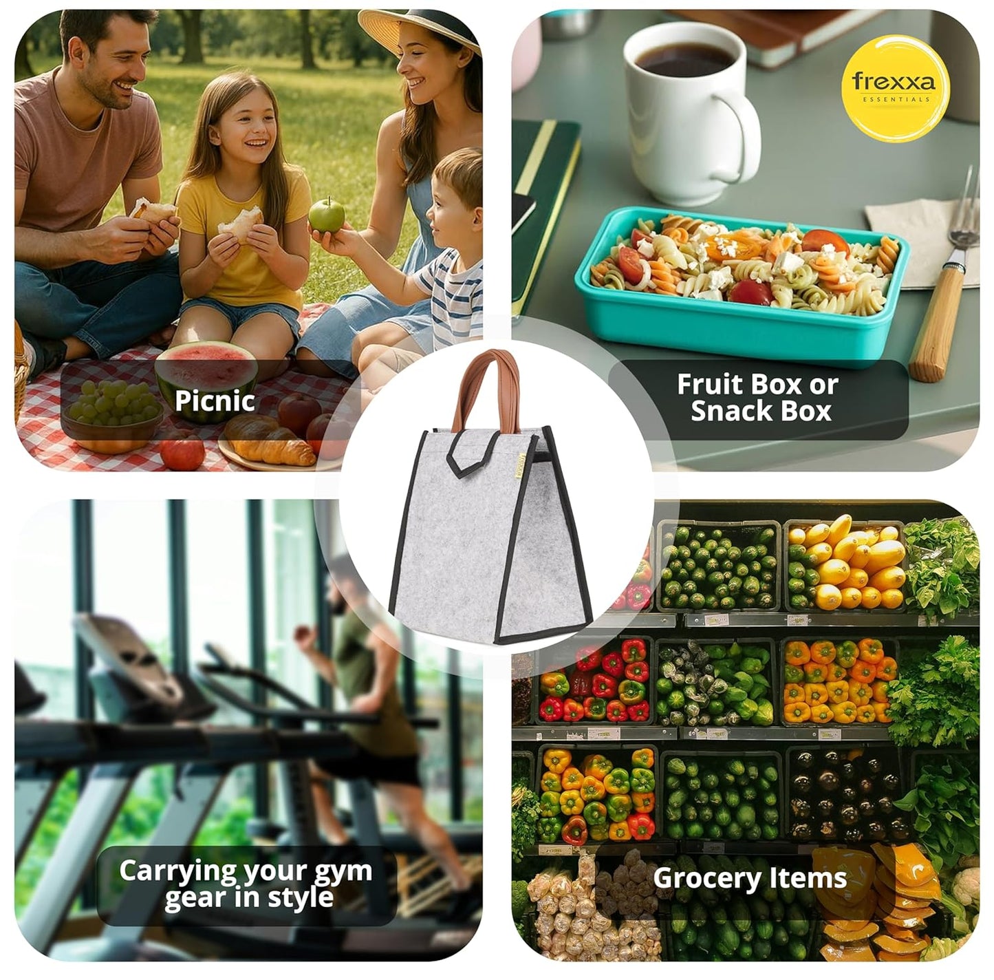 Collage of images including a family picnic, snack box, gym setting, and grocery store with frexxa branding.