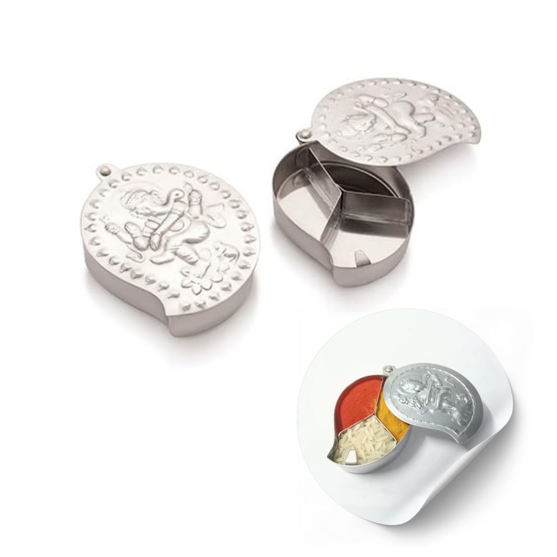 Metallic lunch box with compartments on a white background