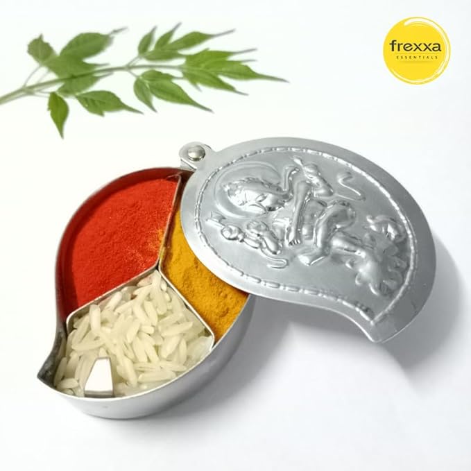 Silver spice container with compartments filled with rice and spices, featuring the frexza brand logo.