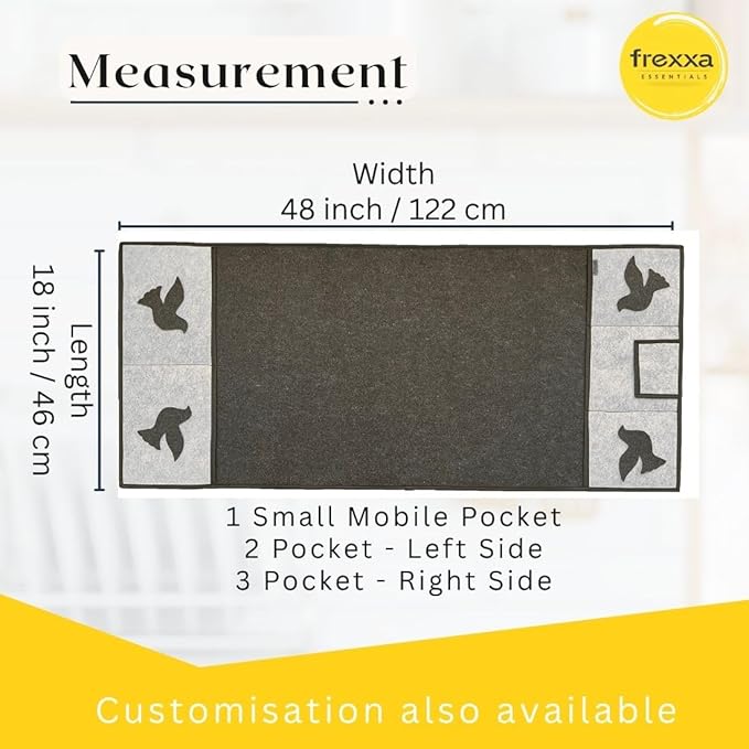 Measurement chart of a frexza doormat with dimensions and pocket details.