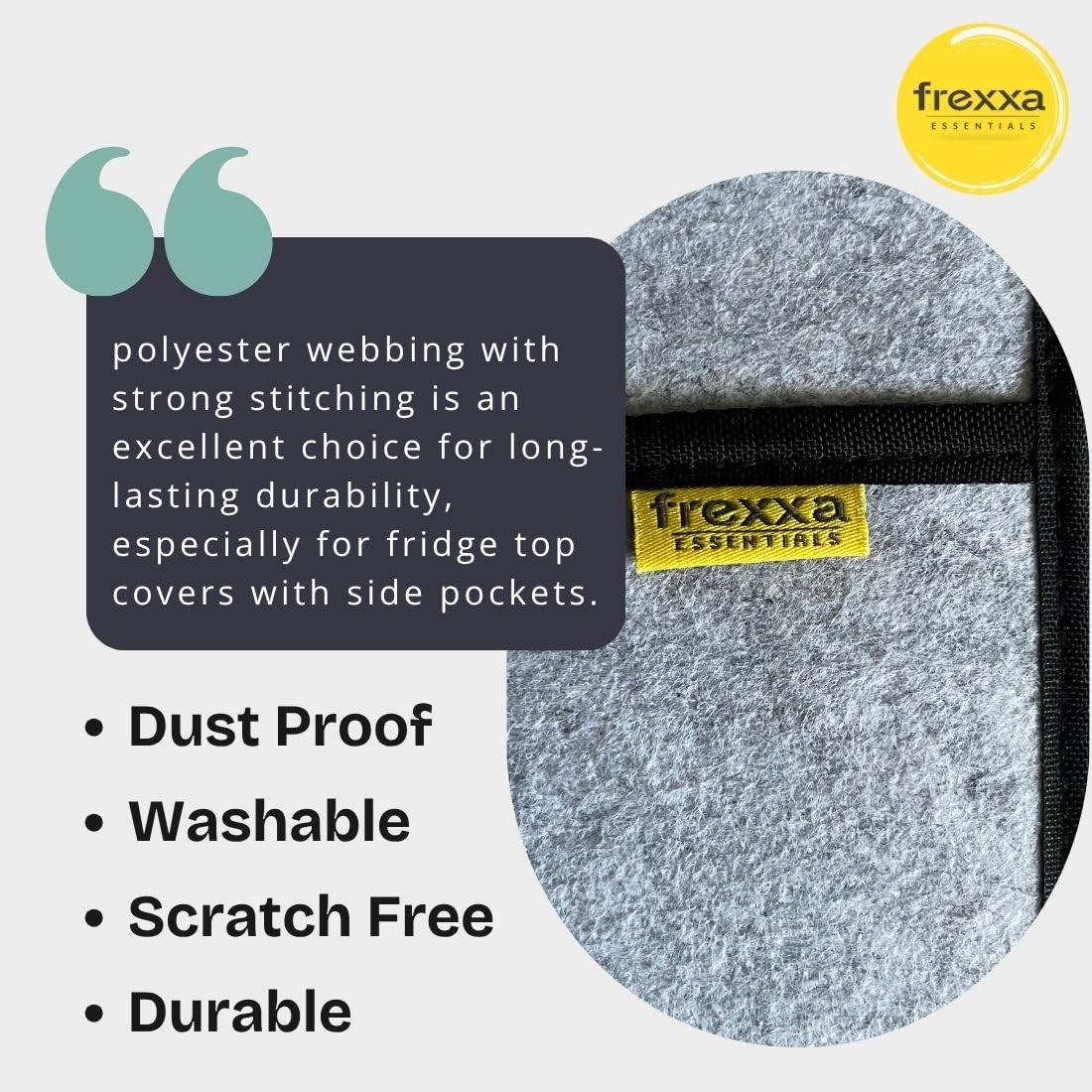 Gray fabric with frexxa label and product features text on a white background