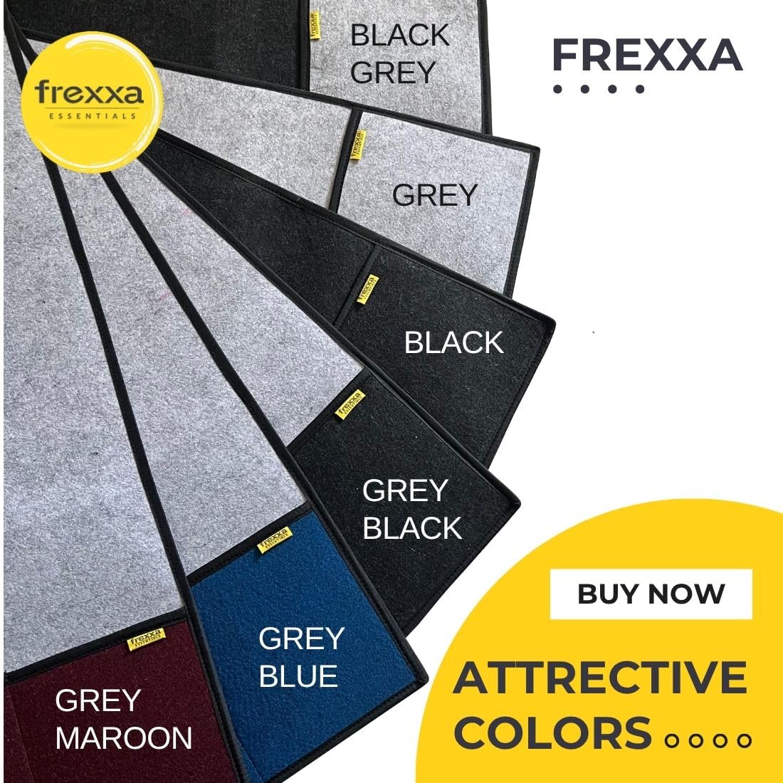 Frexxa carpet samples in various colors with brand name and 'Buy Now' call to action.