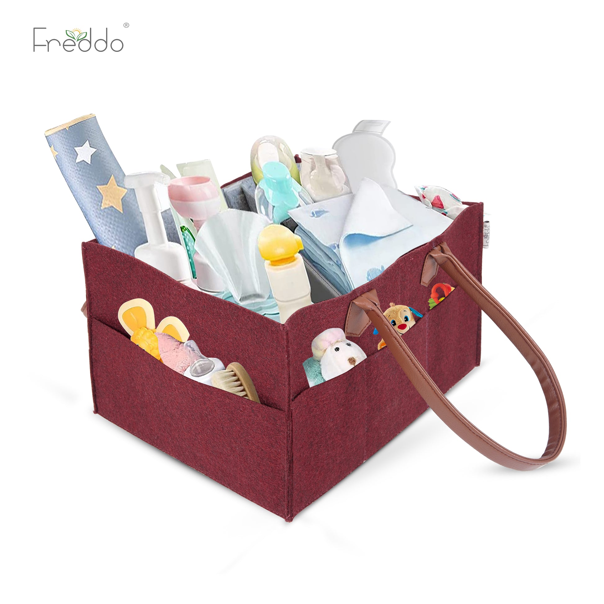 Red storage caddy with various items on a white background, branded 'Freddo'.
