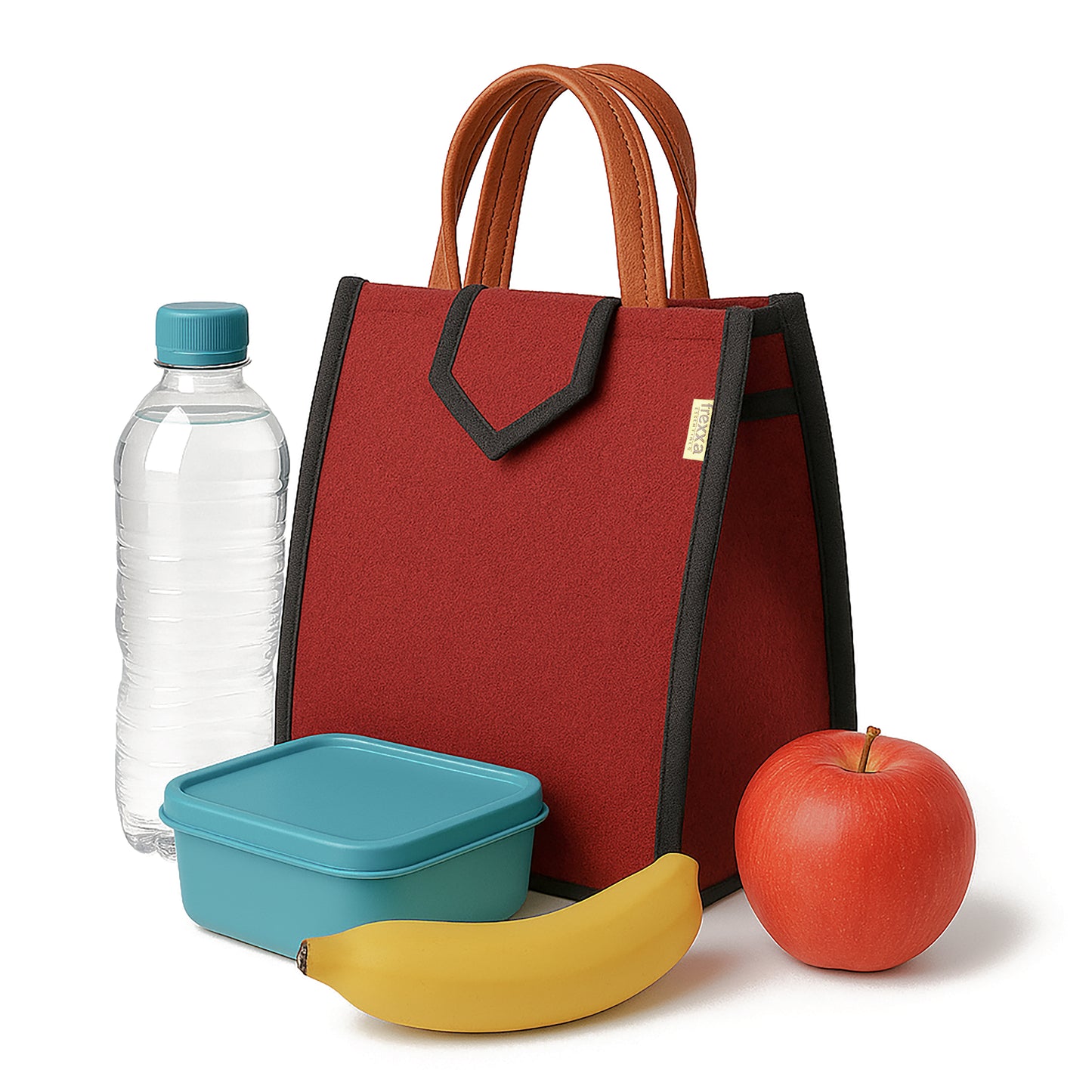 Red lunch bag with a bottle, container, banana, and apple on a white background