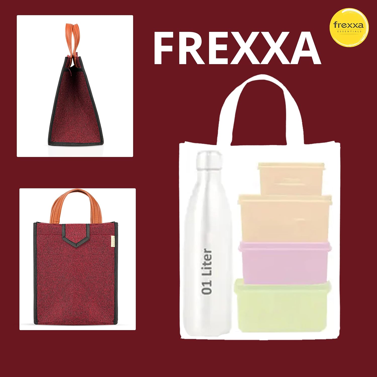 Collage of FREXXA products including bags and containers on a red background with the FREXXA logo.