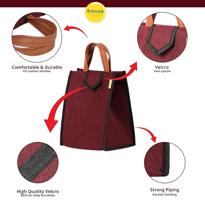 Red bag with features highlighted, including handles, velcro lock system, high-quality velcro, and strong piping.