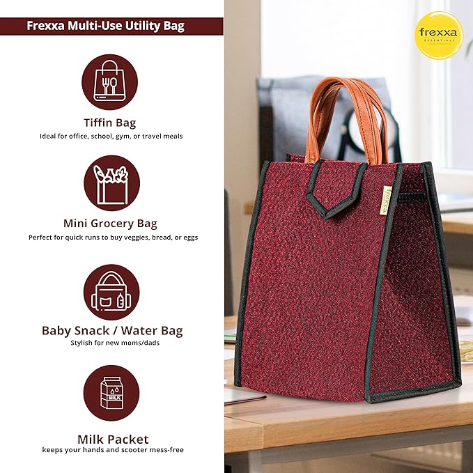 Red multi-use utility bag with handles on a wooden surface, featuring Frexxa branding.