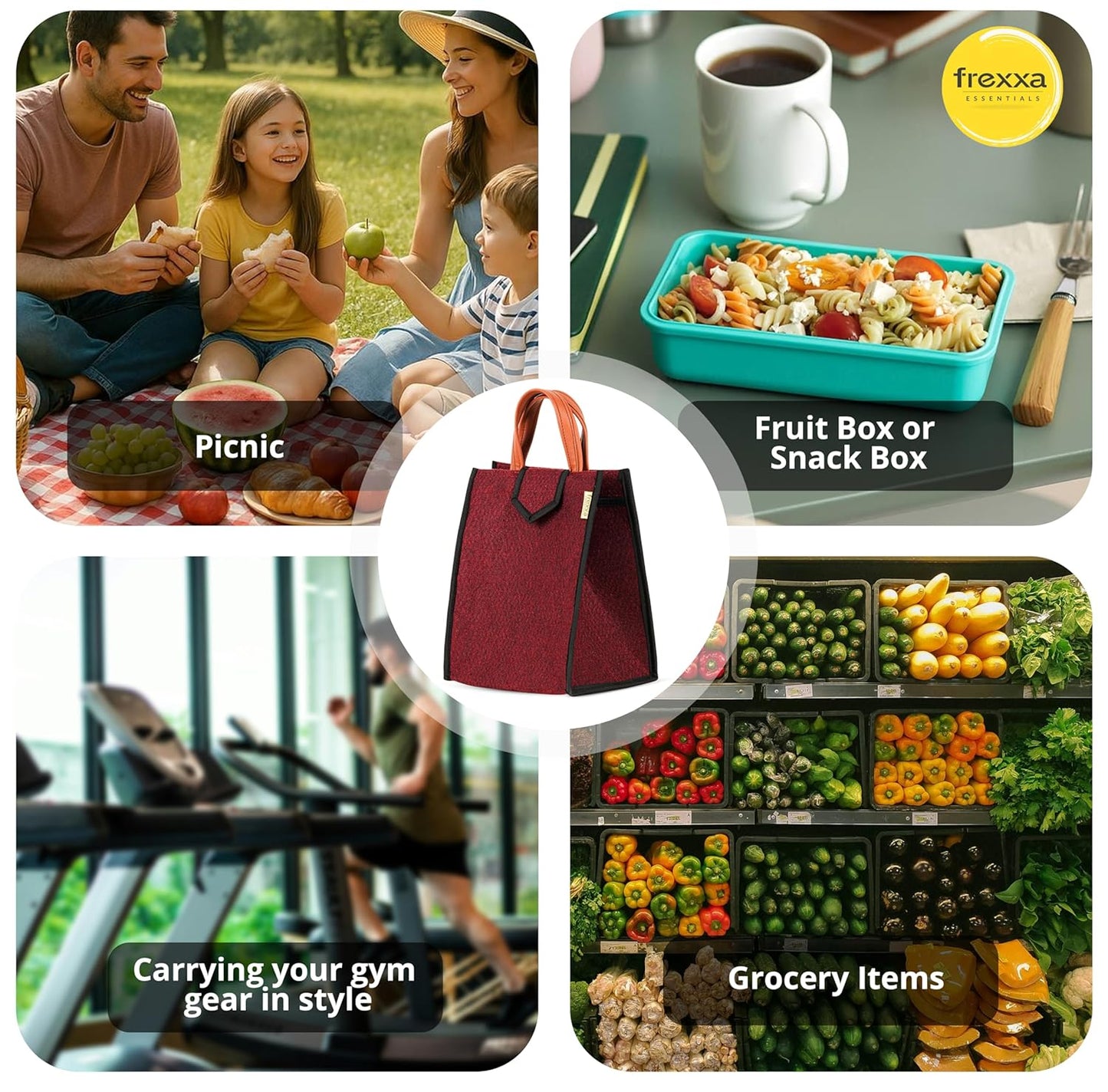Collage of images showing a picnic, snack box, gym bag, and grocery items with frexxa branding.