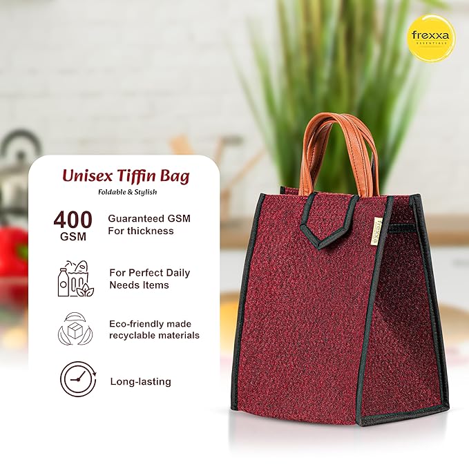Red tiffin bag with brown handles on a white background, featuring frexxa branding.