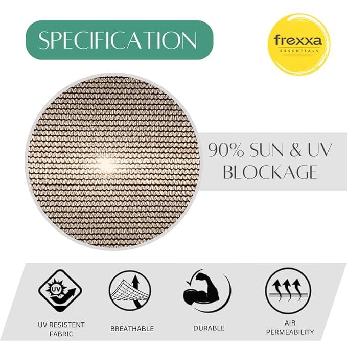 Frexxa fabric sample with sun and UV blocking properties and brand logo.