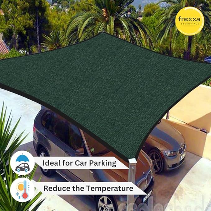 Green carport with frexxa branding, ideal for car parking and temperature reduction.