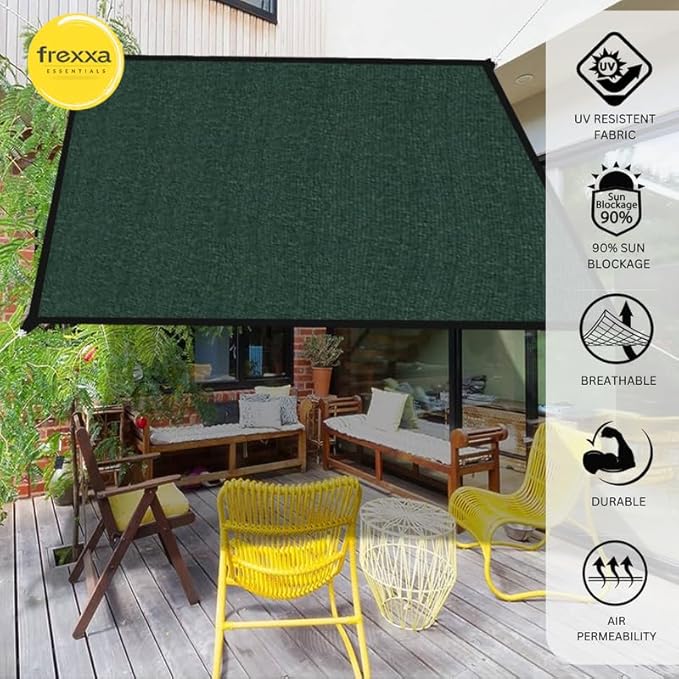 Green outdoor canopy with frexxa branding and product features on a patio setting.