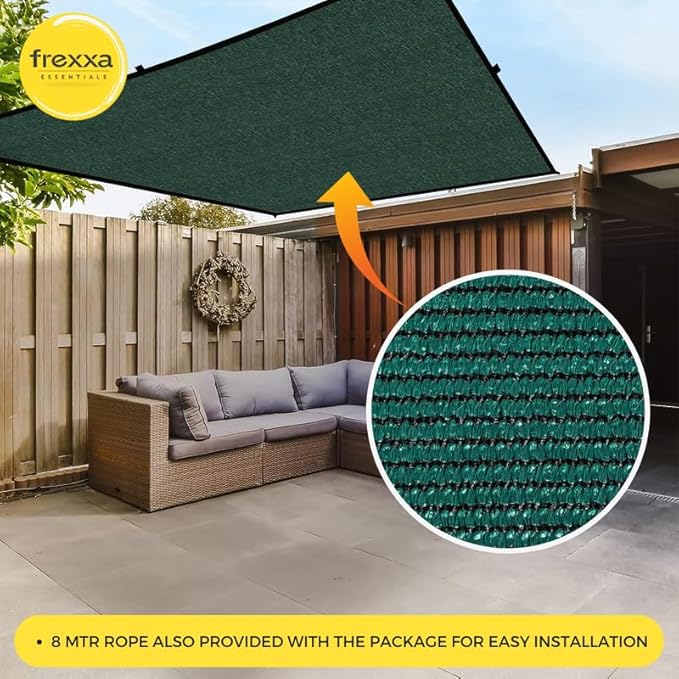 Green sunshade sail over a patio with a close-up of the fabric texture and frexxa logo.