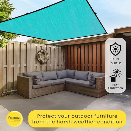 Outdoor furniture with a sun shield labeled 'FREXXA' to protect from harsh weather.
