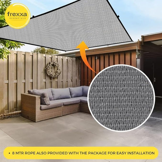 Outdoor patio with frexxa sunshade, sectional sofa, and close-up of fabric texture.