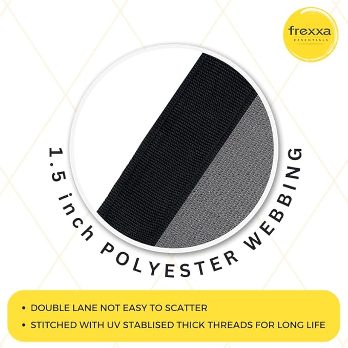1.5 inch polyester webbing with black and gray pattern on a white background, featuring frexxa branding.