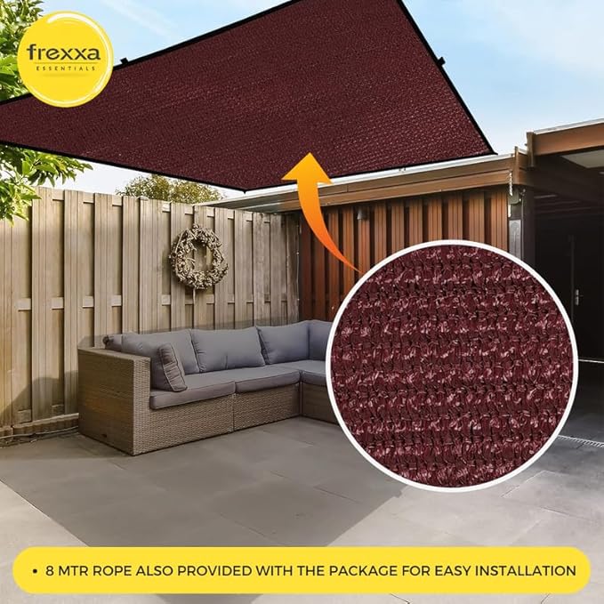 Outdoor shade sail with a close-up of the fabric texture, placed over a patio area with a couch.