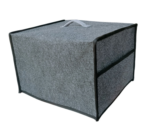 Gray storage cube with a handle on a white background