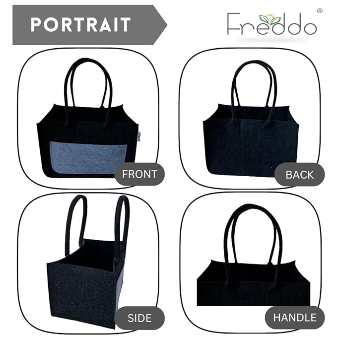 Black handbag with blue accent shown from front, back, side, and handle angles on a white background.