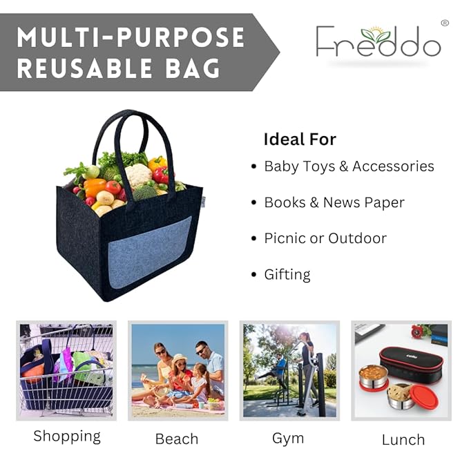 Reusable bag with vegetables, Freddo brand logo, and usage scenarios on a white background
