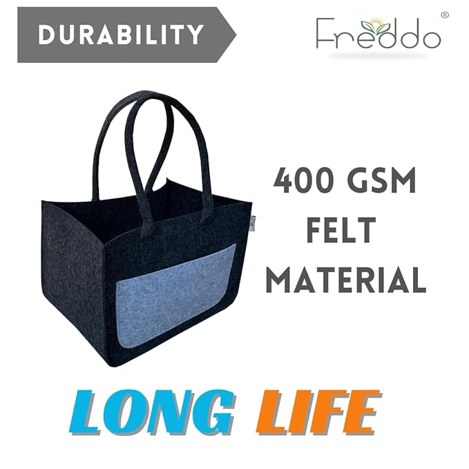Black felt tote bag with text highlighting durability and material quality on a white background