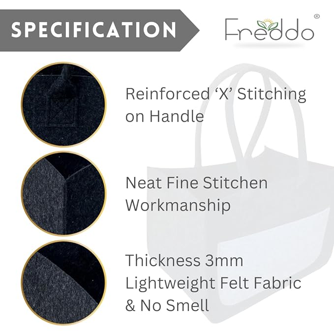 Product specification details for a Freddo bag with close-ups of stitching and fabric texture.