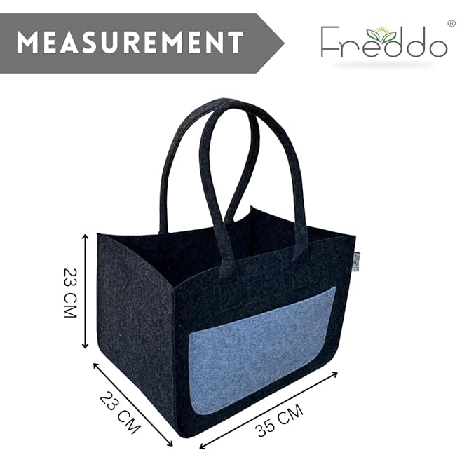 Black tote bag with blue pocket and measurements on a white background, branded 'Freddo'.