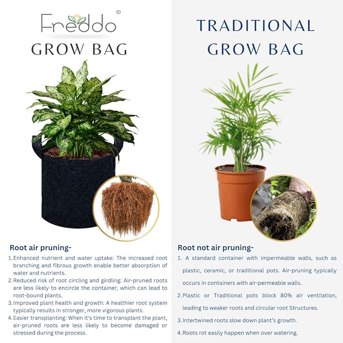 Comparison of Freddo grow bag and traditional grow bag with plants and root visuals.