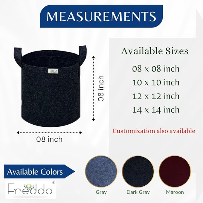 Measurement chart for a black fabric pot with customization options and color choices.