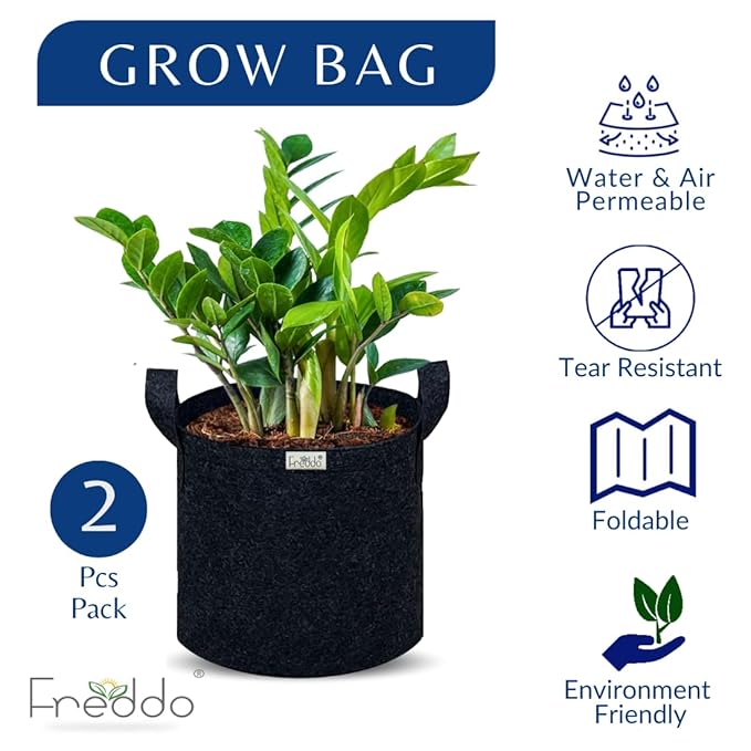 Black grow bag with a plant, featuring Freddo branding and product features on a white background.