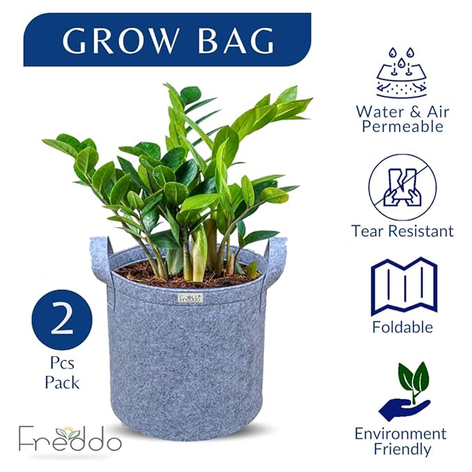 Blue grow bag with a plant, featuring Freddo branding and product features on a white background.