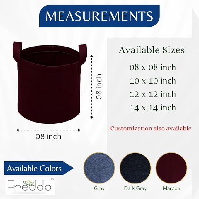 Measurement chart for a fabric container with available sizes and colors, featuring the Freddo brand.