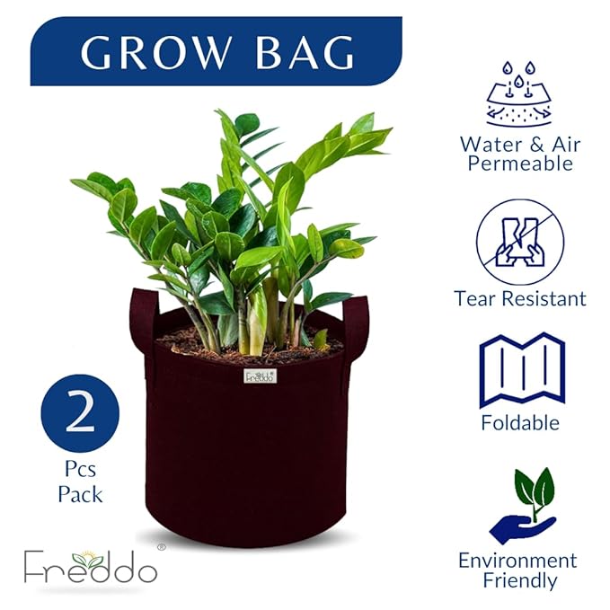 Brown grow bag with a plant, featuring Freddo branding and product features on a white background.