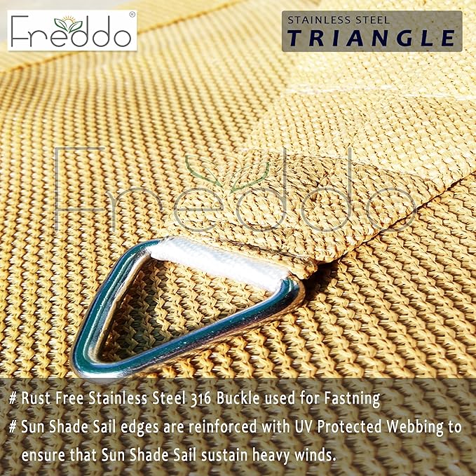 Stainless steel triangle buckle on a sun shade sail with Freddo branding.