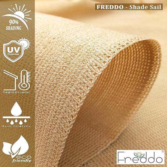 Freddo shade sail fabric with features on a beige background