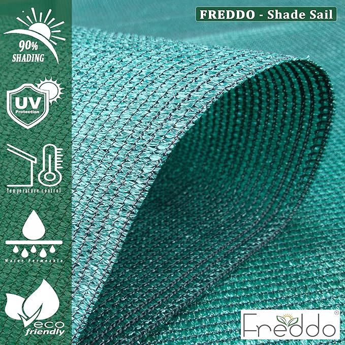 Teal shade sail with features and Freddo branding on a green background