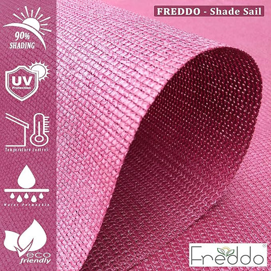 Roll of pink shade sail withFreddo branding and product features on a pink background