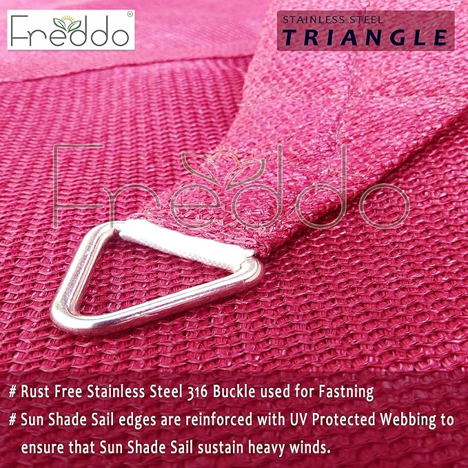 Close-up of a stainless steel triangle buckle on pink webbing with Freddo branding.