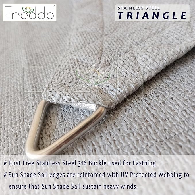 Close-up of a stainless steel buckle on a sun shade sail with Freddo branding.