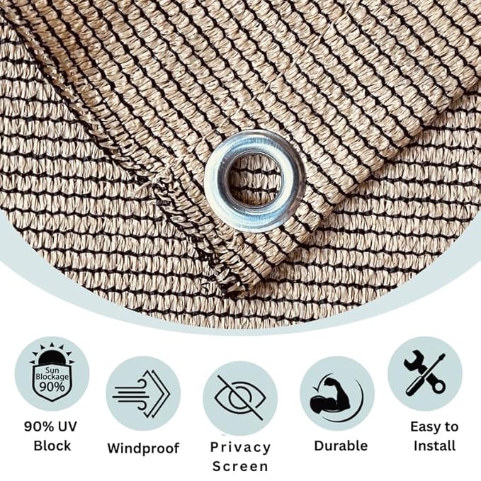 Textile material with a metal grommet and features of sunblock, windproof, privacy screen, durability, and ease of installation.