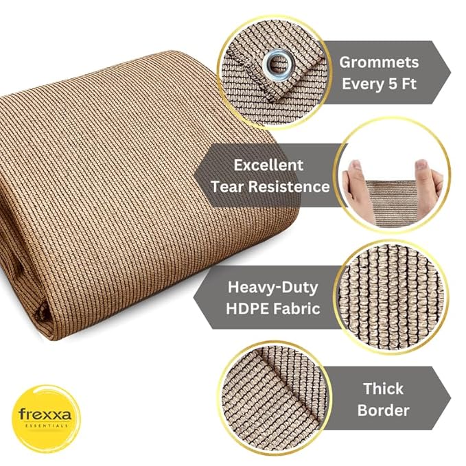 Brown fabric roll with grommets, tear resistance, HDPE fabric, and thick border features on a white background.