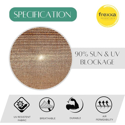 Textile specification with fabric swatch, sun and UV blockage information, and frexxa brand logo.