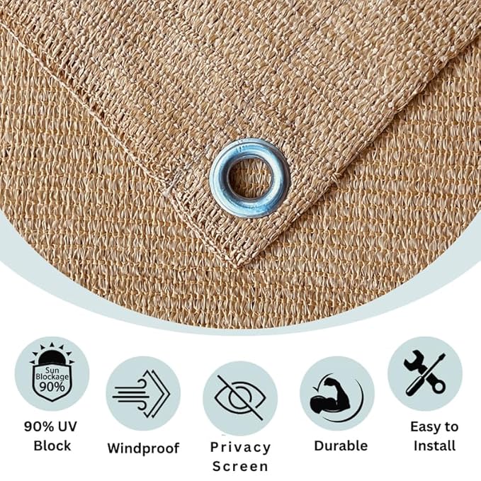 Textile material with grommet and features icons indicating sun block, windproof, privacy screen, durable, and easy to install.