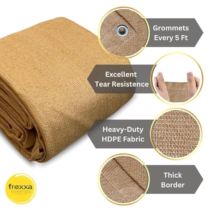 Brown fabric roll with grommets, tear resistance, HDPE fabric, and thick border features on a white background.