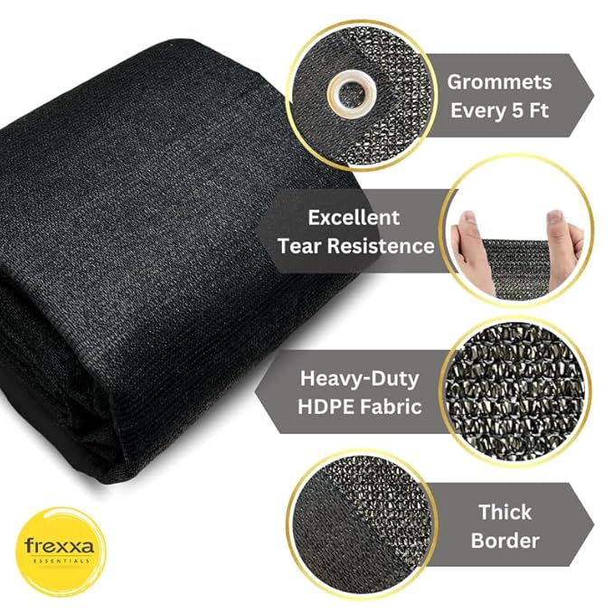 Black HDPE fabric with grommets, tear resistance, and thick border features on a white background.